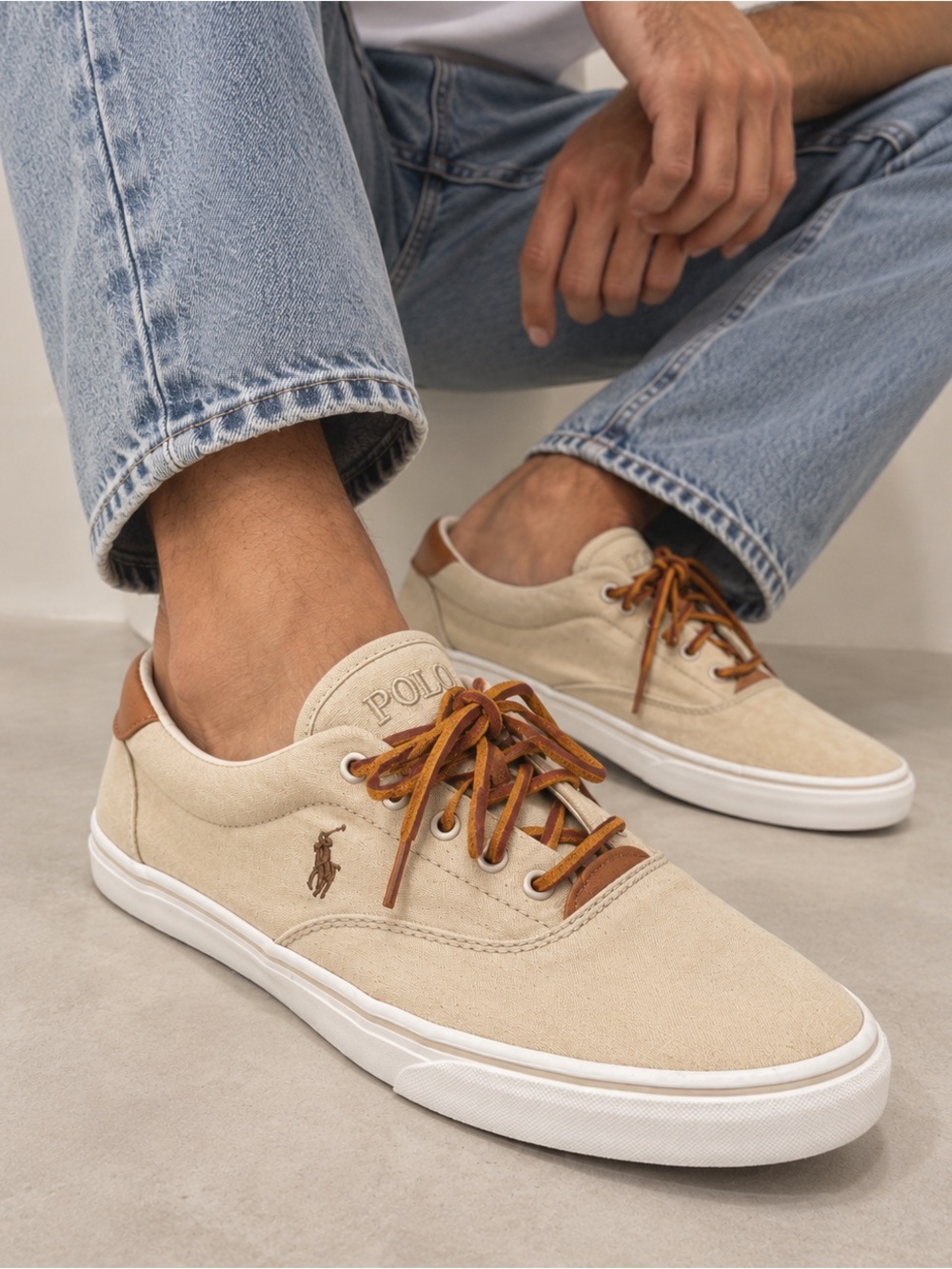 Polo Ralph Lauren FLESH PONY Canvas Beige and White Leather Lace Up Sneakers 12